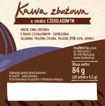 Kawa zbożowa Anatol czekoladowa, opakowanie 84g z brązowym designem i białymi napisami.