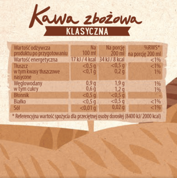 Górna część opakowania kawy zbożowej Anatol Klasyczna z brązowym logo i jasną tabelą wartości odżywczych.