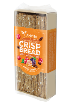 Danvita Granola Style Crisp Bread Berries & Honey, pełnoziarniste pieczywo chrupkie w przezroczystym opakowaniu, widok z przodu.