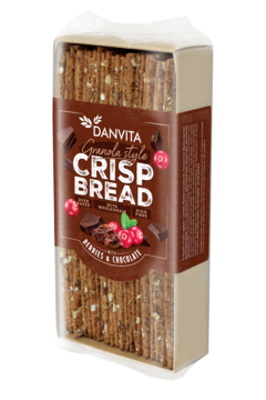 Danvita Granola Crisp Bread z owocami i czekoladą, widoczne przezroczyste opakowanie, front.