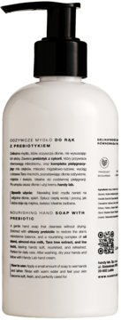 Tył białego odżywczego mydła do rąk Handy Lab z prebiotykiem, czarna pompka, tekst i kod QR.