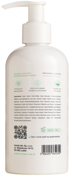 Tył białego mydła w płynie Hand Lab, 250 ml, z zielonymi ikonami: wegański, przebadany, wyprodukowany w Polsce.