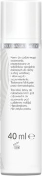 Hipoalergiczny krem do twarzy 40 ml w białej butelce, widok z przodu. Opis dla skóry suchej i wrażliwej.
