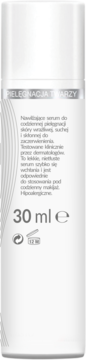Biała butelka serum Physiogel do twarzy, 30 ml, na suchą skórę. Bok z polskim opisem łagodzącym zaczerwienienia.