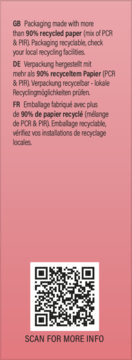 Różowy panel z informacjami o opakowaniu z ponad 90% papieru z recyklingu i kodem QR do skanowania.
