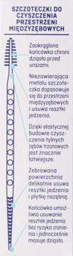 Niebieski diagram bezmetalowej szczoteczki do czyszczenia przestrzeni międzyzębowych z opisem funkcji.