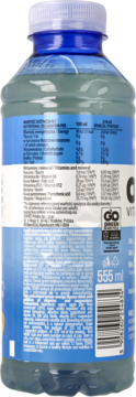 Tył niegazowanego napoju witaminowego o smaku cytryny-pomarańczy w niebieskiej butelce 555ml.