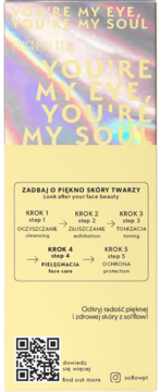 Pionowy baner so!flow: holograficzny design 'YOU'RE MY EYE', 5-etapowa rutyna pielęgnacji twarzy, QR code.