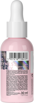 Różowe serum nawilżające No Dryness No Cry w butelce z zakraplaczem, tył z etykietą, kodem, 30 ml.