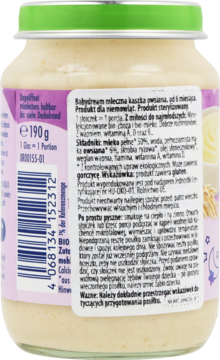 Tył szklanego słoiczka Babydream kaszka owsiana BIO mleczna, zielone wieczko i polski opis składników.