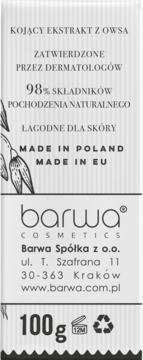 Białe opakowanie mydła Barwa Owsiane 100g, widok z przodu, z logo i info o 98% składników naturalnych.