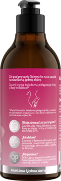 OnlyBio Sakura żel pod prysznic, brązowa butelka z pompką, widok z tyłu, różowa etykieta z opisem nawilżenia i zapachu.