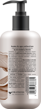 Tył beżowej butelki beBIO mydła do rąk Black Amber & Orchid z czarną pompką i wegańskim certyfikatem.
