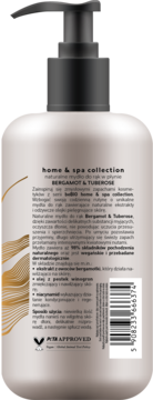 Tył beBIO Home & Spa naturalnego mydła do rąk Bergamot & Tuberose. Beżowa butelka z pompką, wegański skład.