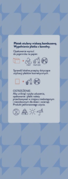 Etykieta płatków kosmetycznych Bambiboo: skład (bambus, bawełna), instrukcje utylizacji i ostrzeżenia, na niebieskim tle.