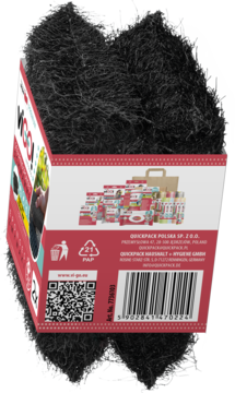 Dwa czarne, szorujące zmywaki kuchenne viGO! z polipropylenowej przędzy, w czerwonym opakowaniu.