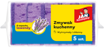 Opakowanie fioletowych zmywaków kuchennych Jan Niezbędny o zapachu lawendy, 5 sztuk, widok z przodu.