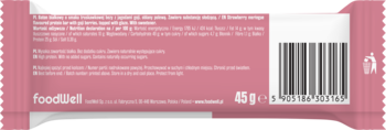 Tył różowego opakowania batona proteinowego Purella Superfoods Crunchy 45g z tekstem, składem i kodem kreskowym.
