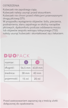 Ostrzeżenia i rozmiary kubeczków menstruacyjnych Pink w duopacku: S i M. Tabela z wymiarami i pojemnością.