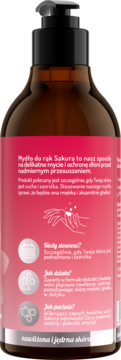 Tył brązowej butelki mydła do rąk Sakura z pompką, z różową etykietą i opisem korzyści dla suchej skóry.