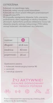 Biała ulotka kubeczka menstruacyjnego rozmiar M z danymi technicznymi, ostrzeżeniami i ikonami aktywności fizycznej.
