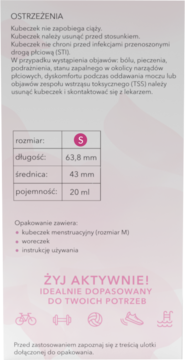 Bliskie ujęcie opakowania kubeczka menstruacyjnego, tabela z rozmiarem S, ostrzeżenia, informacja o rozmiarze M w zestawie.