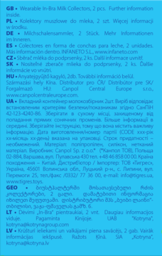 Niebieska etykieta produktu z białym tekstem. Szczegółowe informacje o kolektorach mleka Canpol w wielu językach.