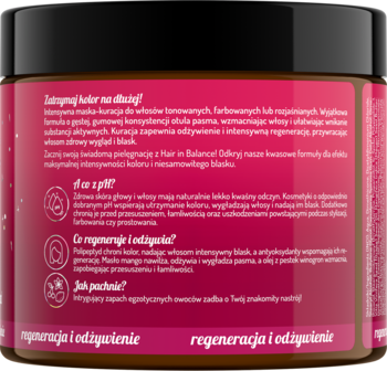 Tył słoika maski Onlybio Hair Balance do włosów farbowanych, różowa etykieta z polskim tekstem o kwasowej formule.