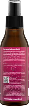Tył brązowej butelki Onlybio sprayu termoochronnego do włosów. Różowa etykieta z tekstem o ochronie UV i składnikami.