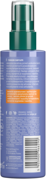Tył serum Tołpa Hair Routine, fioletowa butelka z pompką. Widoczny kod kreskowy, składniki i opis: wygładzenie, termoochrona.