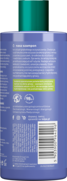 Tył fioletowej butelki szamponu chelatującego Tołpa z widocznym kodem kreskowym i składem, 98% naturalnych składników.