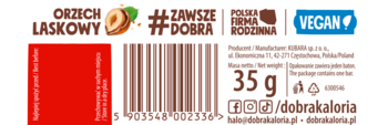 Tył wegańskiego batonika Dobra Kaloria Orzech Laskowy 35g, z kodem kreskowym, hasztagiem #ZawszeDobra i logo VEGAN.