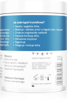 Tył białego opakowania Delia Good Foot Kąpiel kryształowa, niebieska etykieta z opisem działania i składem.