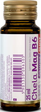 Ciemna butelka Chela Mag B6 SHOT 25 ml, suplement diety z magnezem, biała etykieta, złota zakrętka, widok z przodu.