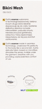 Etykieta Gatta Bikini Mesh: bezszwowa bielizna z mikrofibry. Ikony cech: oddychająca i antybakteryjna. Tekst PL/EN.