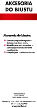 Biała karta Marilyn 'AKCESORIA DO BIUSTU' z czerwonym paskiem, opisująca cechy taśmy podnoszącej biust.