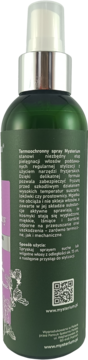 Tył zielonej butelki Mgiełki termoochronnej Mysterium do włosów, z tekstem, kodem QR i roślinnym wzorem.