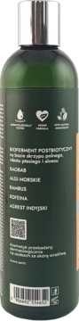 Tył zielonej butelki odżywki Mysterium z baobabem, postbiotykami. Widoczne składniki aktywne, certyfikaty i kod kreskowy.