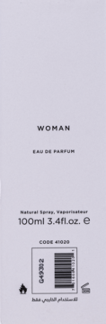 Bok opakowania perfum Woman Eau De Parfum 100ml, jasnofioletowy, z kodem kreskowym, ikonami i tekstem.