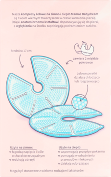 Dwa niebieskie, anatomiczne kompresy żelowe Mamas Babydream do piersi, z tekstem o zastosowaniu na zimno i ciepło.