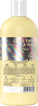 Tył żółtej butelki odżywki myjącej so!flow "Let's Twist a Hair" z hologramowym logo i kodem kreskowym.
