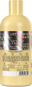 Tył żółtej butelki odżywki so!flow do włosów kręconych z holograficzną etykietą „LET'S TWIST A HAIR”.