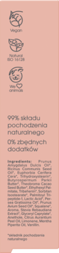 Tył różowego opakowania olejku do ust, z ikonami Vegan, Natural, We love animals i listą składników.