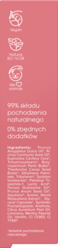 Różowa etykieta olejku do ust z certyfikatami Vegan i Natural oraz pełną listą składników, widok z boku.