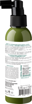 Tył zielonej butelki odżywki Petal Fresh do loków z tekstem i kodami QR, 150ml.