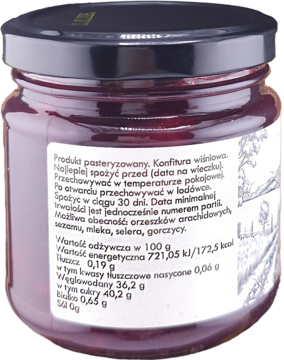 Tył słoika konfitury wiśniowej, z etykietą prezentującą wartości odżywcze i szczegóły produktu.
