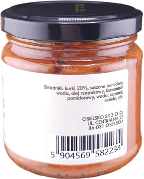Tył słoika pesto kurkowego Osielsko z czarną zakrętką, widoczna lista składników i kod kreskowy.