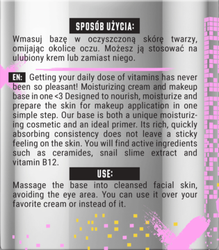 Tył opakowania Bielenda Beauty Base z angielskim opisem składników aktywnych: ceramidy, śluz ślimaka, B12. Szare tło.