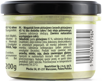 Szklany słoik wegańskiego kremu pistacjowego Feel fit veganela, tył z etykietą składników i wartości.