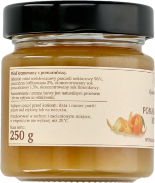 Tył słoika miodu wielokwiatowego Ogródek Dziadunia z pomarańczą, widoczne składniki i masa 250 g.
